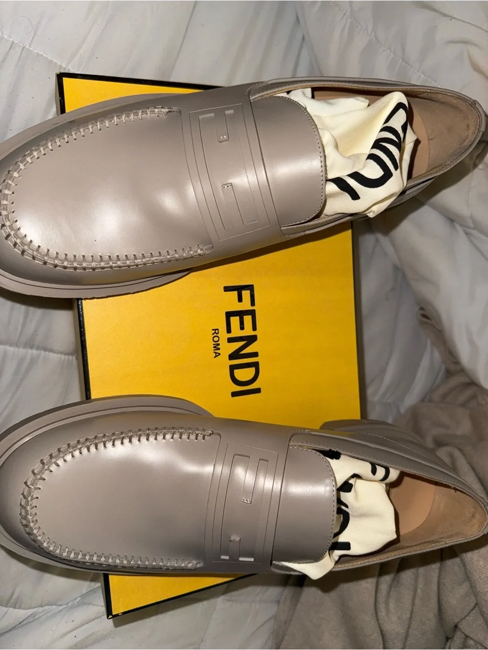 Fendi Men’s Taupe-Beige Leather Slip-On Loafers